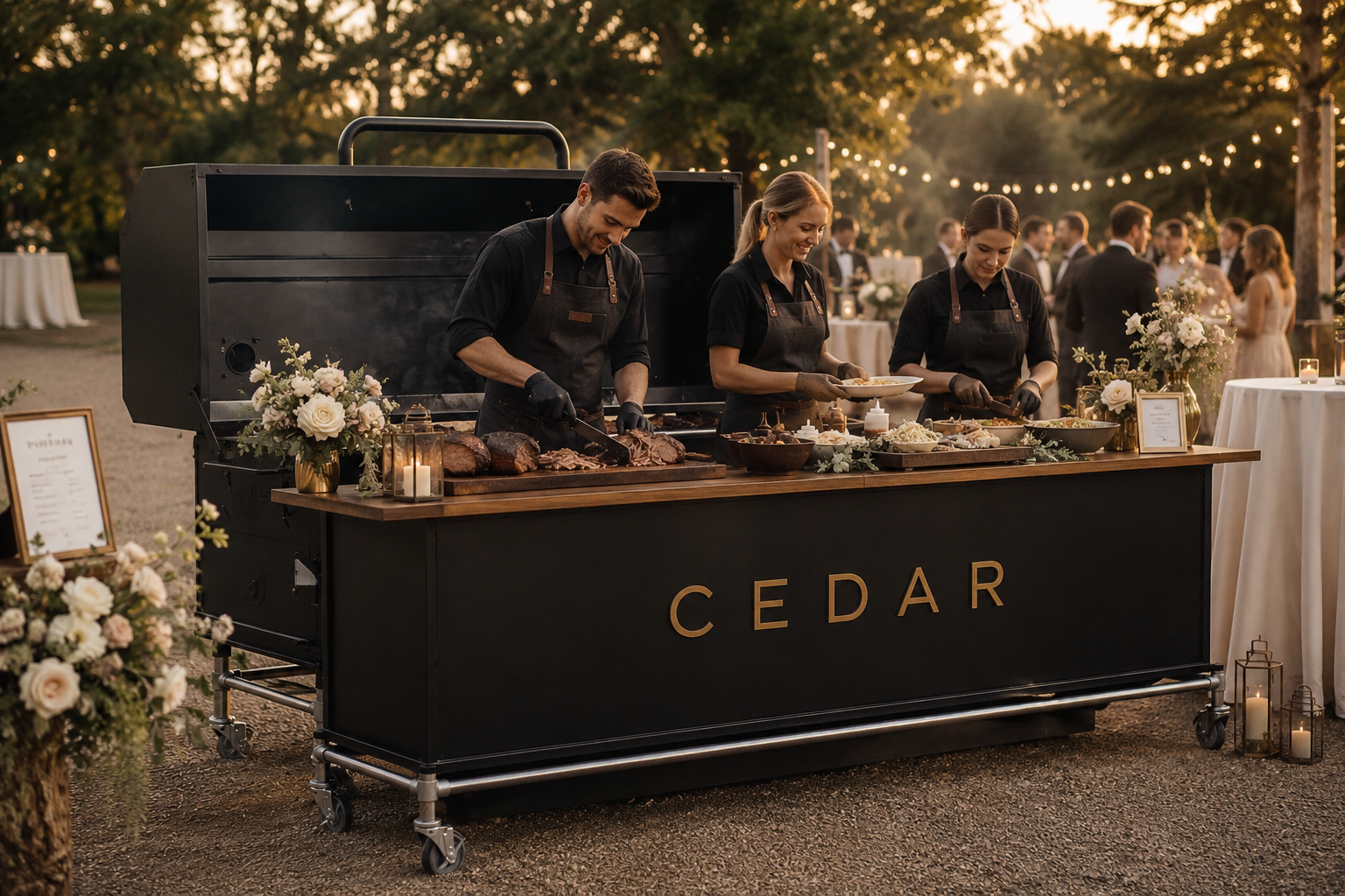 Cedar BBQ branded mobile station serving guests at an outdoor wedding reception